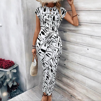 Waist Strap Striped Round Neck Short Sleeve And Long Pattern Dress