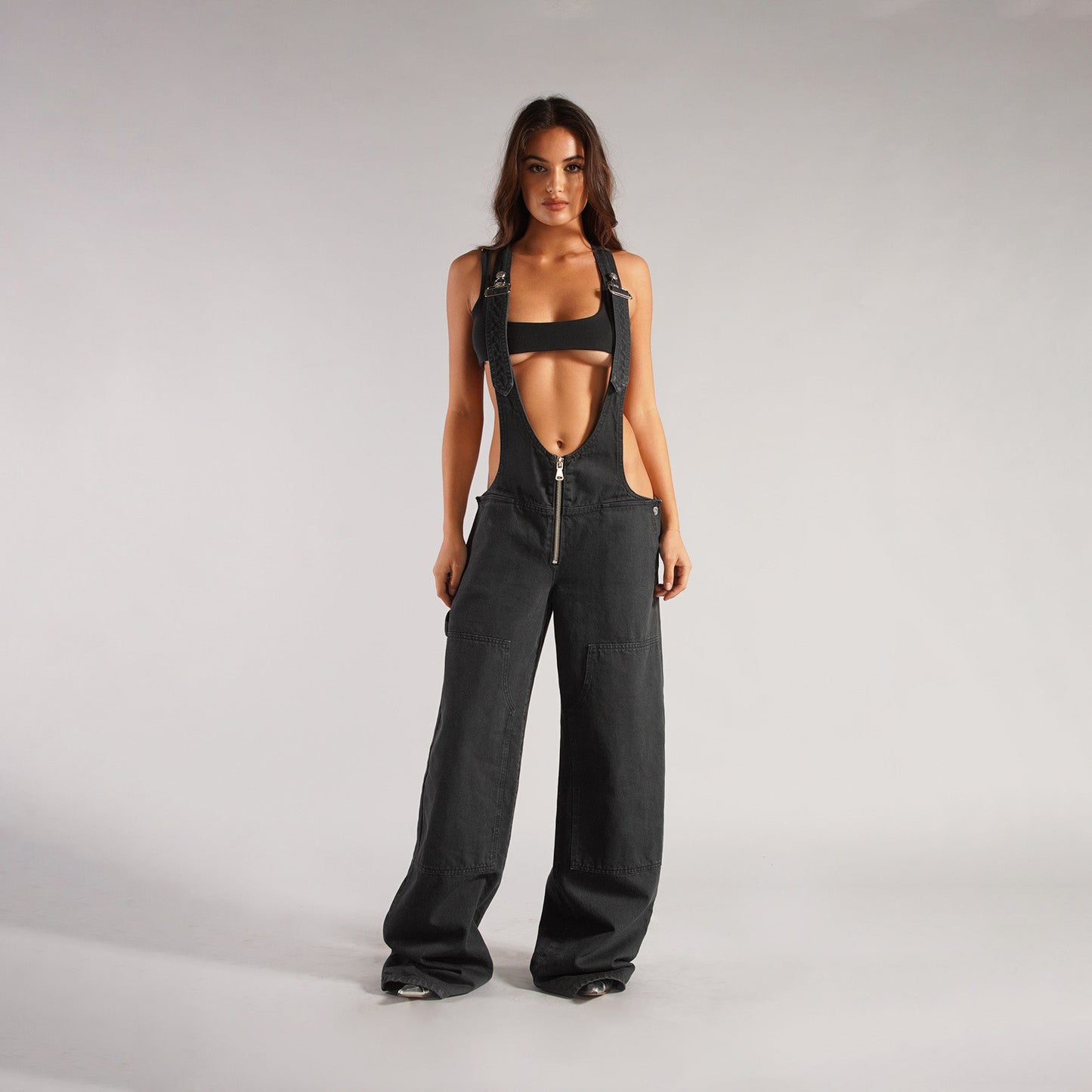 Y2K Zipper Denim Suspender Jumpsuit