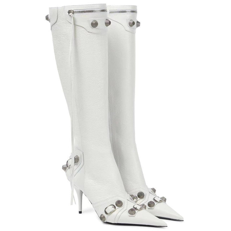 Button Knee High Pointed Toe Boots