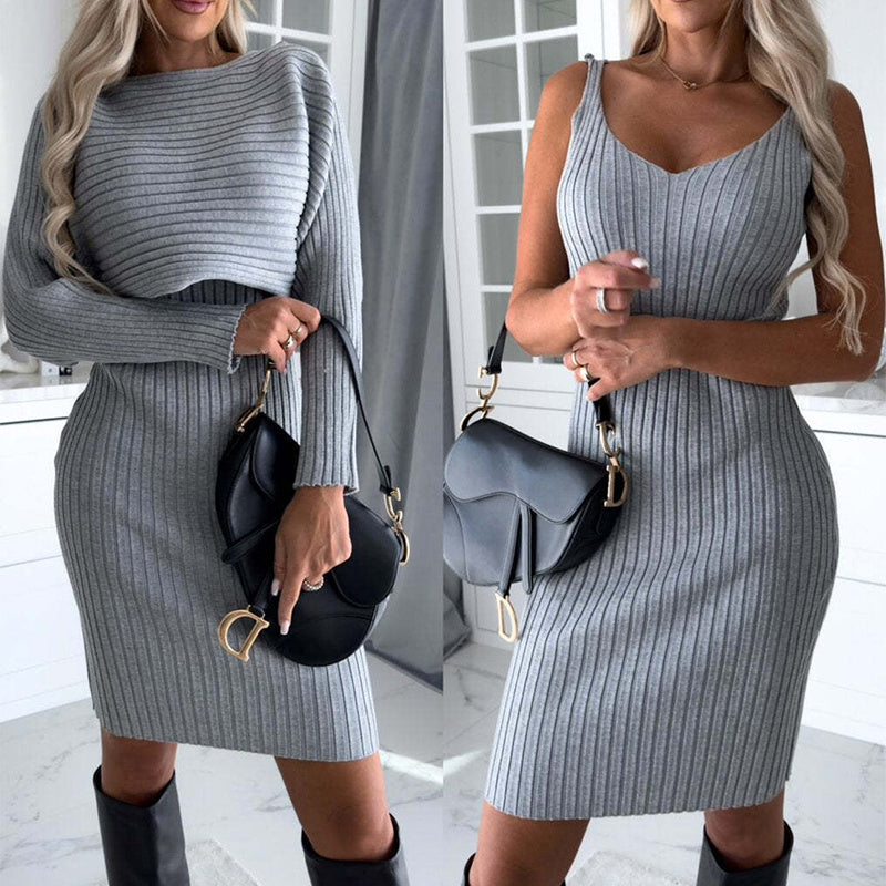 2pcs Women's Solid Stripe Long-sleeved Top And Tight Suspender Skirt