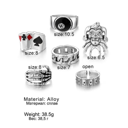 Alloy Poker Card Set Retro Clown Claw Drip Ring 6-piece Ring Set