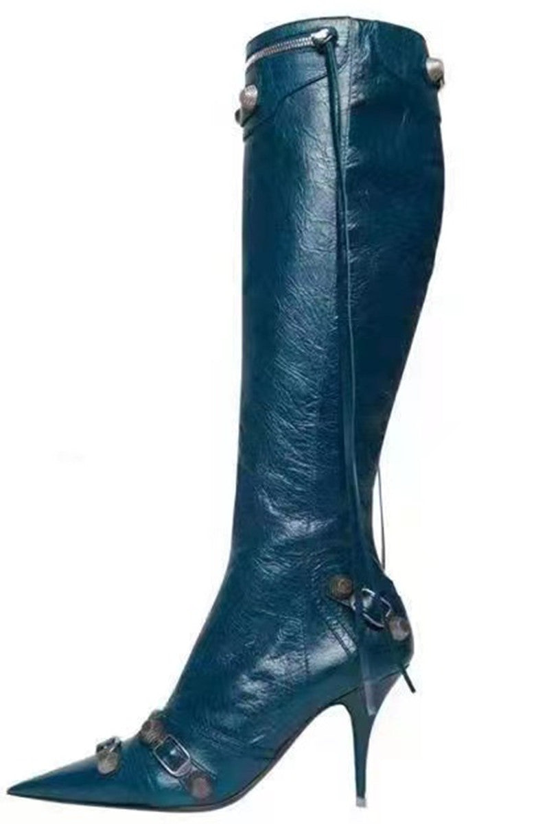 Button Knee High Pointed Toe Boots