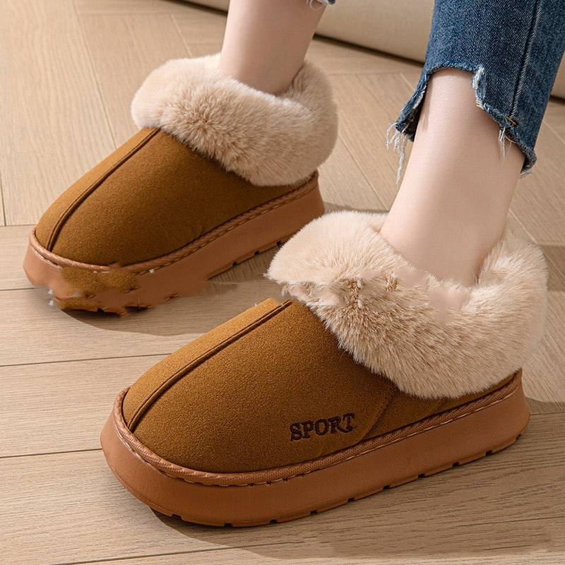 Cozy Plush Soft Slippers Shoes For Women Non-Slip Platform Shoes With Faux Fur Lining Mute Sole