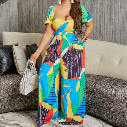 Women's Fashion Printing Short-sleeved Jumpsuit