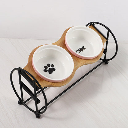 Bamboo And Wood High-foot Double Ceramic Cat Bowl